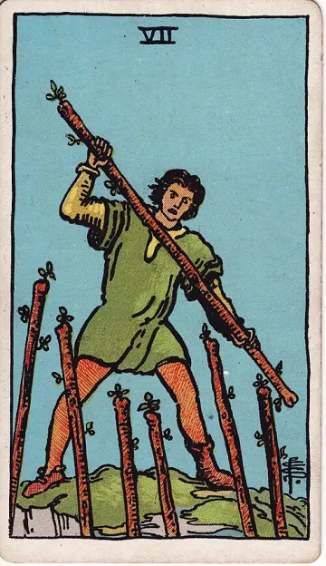 ไพ่ Seven of Wands (เจ็ดไม้เท้า)