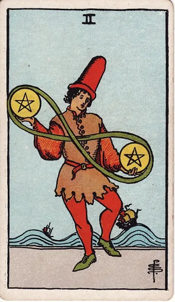 ไพ่ Two of Pentacles (สองเหรียญ)